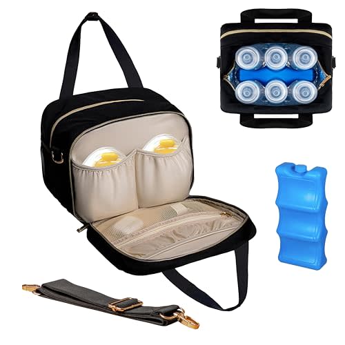 Canero Breastmilk Cooler Bag Insulated Bottle Storage with Shoulder Strap and Ice Pack Fits 6 Bottles Up to 11oz Compatible with Medela Elvie Momcozy Wearable Breast Pumps