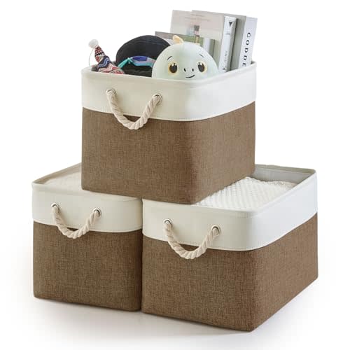 HOdo Home Fabric Storage Bin with Hard Bottom Base and 2 Bold Handles, Collapsible Large Canvas Storage Baskets for Organizing Shelf Nursery Home Closet (Brown&White, 15L×11W×9.5H - 3Pack)