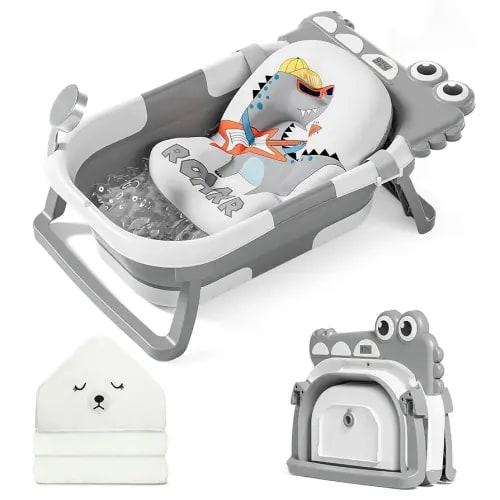 MoreFeel Collapsible Baby Bathtub for Newborn with Thermometer & 1 Hooded Towel & 1 Soft Floating Cushion,Portable Travel Bathtub with Drain Hole, Durable Foldable Baby Tubs for Infants to Toddler