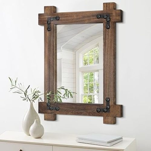 Mirrors for Wall Black Vintage Rustic Wood Framed Mirror Decorative Rectangle Farmhouse Large Wall Mirrors for Living Room Bedroom Bathroom Antique Hanging Mirror Wall Decor 20" x 16"