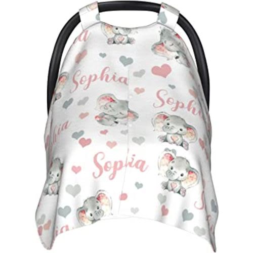 Personalized Cute Elephant Baby Car Seat Canopy for Babies with Name, Custom Car Seat Covers for Girls, Peekaboo Opening Minky Nursing Breastfeeding Cover Infant Car Seat Canopies for Newborn