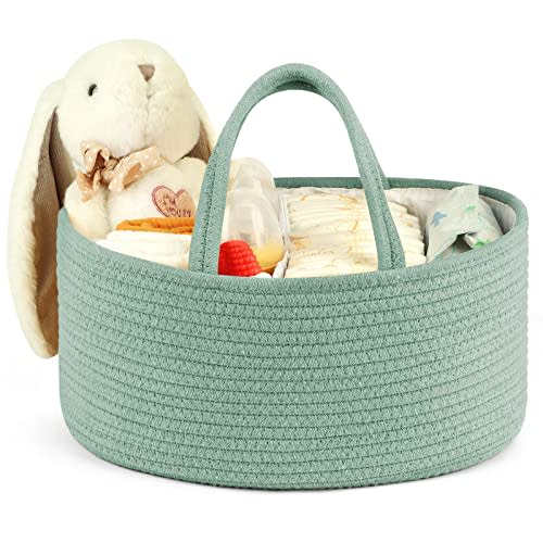 Maliton Diaper Caddy Organizer for Baby, Portable Diaper Storage Organizer for Changing Table and Car, Cotton Rope Nursery Storage Bin Basket for Baby Shower, Newborn Essentials Must Haves - Green
