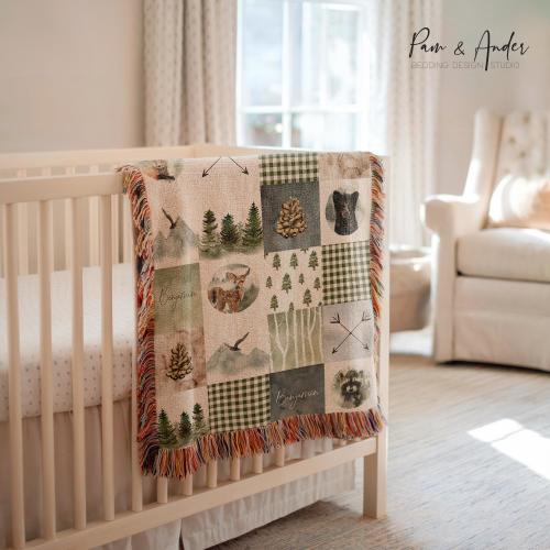 PATCHWORK WOODLAND PRINT personalized woven blanket, baby blanket, Personalized baby blanket, Baby Shower Gift, NewBorn Gift, Baby Boy Gift