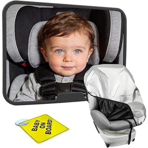 Baby Car Mirror Set | 360° Rotating Large HD Shatterproof Safety Mirror for Rear Facing Infants & Toddlers | Includes Baby on Board Sticker Sign & Car Seat Sunshade | Baby Car Essentials