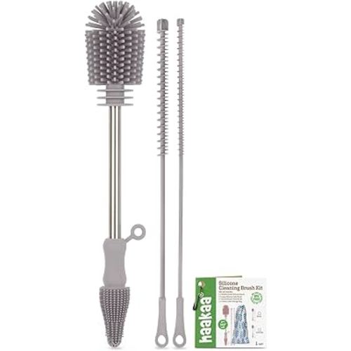 haakaa Silicone Cleaning Brush Kit - SUVA Grey - Bottle Brush for Breast Pumps, Breast Milk Collector, Baby Bottles, Nipples, Breastmilk Storage Bags