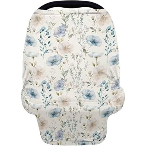 Biyejit Blue Floral Print Car Seat Cover for Babies, Mom Nursing Covers Breastfeeding Scarf, Multi Use Infant Carseat Canopy for Newborn Carrier/Stroller/Shopping Cart, Baby Shower Gifts for Boy Girl
