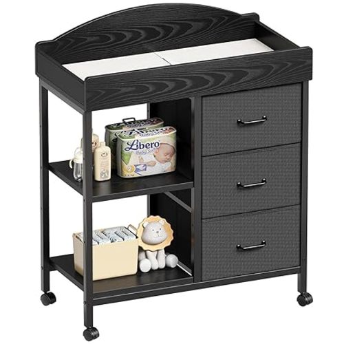 Changing Table Dresser, Baby Dresser with 3 Fabric Drawers and 2 Shelves, Multi-Functional Baby Changing Table with Pad, Classic Nursery Dresser, Diaper Changing Station for Nursery, Black