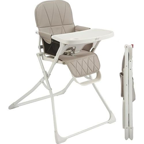 Primo PopUp Folding High Chair (for Baby Age 6 to 36 Months) Taupe Folding Beach Chair Style High Chair with Removable Dishwasher Safe Tray, 3pt Safety Harness, Leatherette Seat – Space Saving Design