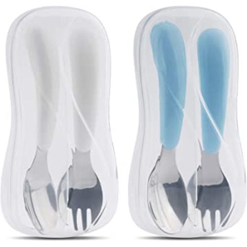 Kirecoo 2 Set Toddler Utensils, Toddler Forks and Spoons, Stainless Steel Toddler Silverware Set, Designed for Self Feeding Flatware Set with Travel Carrying Cases BPA Free (White & Aqua)