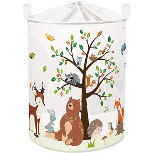 Clastyle 63L Large Woodland Animal Tree Kid Laundry Hamper with Handle for Boy Girl Collapsible Clothes Toy Storage Basket with Lid for Bedroom Bathroom Nursery