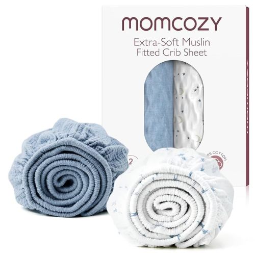 Momcozy Muslin Standard Fitted Crib Sheets, 52"x28", 2 Pack Soft Breathable Natural Cotton Baby Mattress Sheet, 360° Mattress Wrapping No Slip Boys Girls Neutral Toddler Bed Sheet, Blue Star Moon