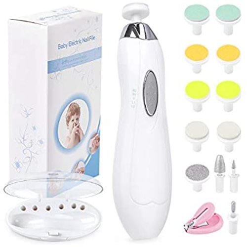 Baby Nail File Electric Nail Trimmer Manicure Set with Nail Clippers, Toes Fingernails Care Trim Polish Grooming Kit Safe for Infant Toddler Kids or Women (White/Silver)