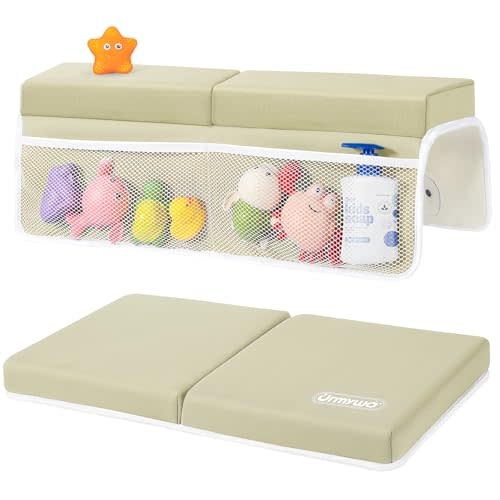 URMYWO Bath Kneeler and Elbow Rest Pad Set - 1.5" Thick Baby Bath Kneeler Pads with Toys Organizer, Anti-Slip Cozy Knee & Arm Support Bathtub Mat, Quick Dry Kneeling Pad for Baby Bath Time