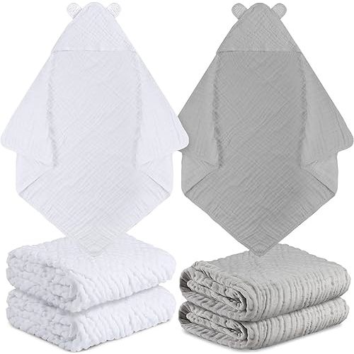 Chumia 4 Pcs Baby Hooded Muslin Cotton Towel 32 x 32 Soft Baby Towels for Newborn, Babies, Infant and Toddler, Cute Essentials 6 Layers Washcloths Baby (White,Gray)