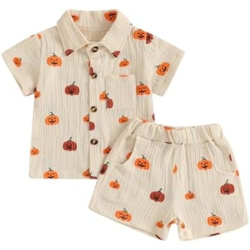 Toddler Baby Boy Halloween Outfit Pumpkin Print Button Down Short Sleeve Muslin Shirt Top and Shorts Set Fall Clothes