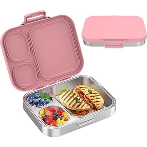 Pawtong Stainless Steel Bento Lunch Box for Kids | 3-Compartment Lunch Box Container Kids | 100% Leakproof, Eco-Friendly, Perfect Portion Control for Kids&Adult Healthy Meals (Pink)