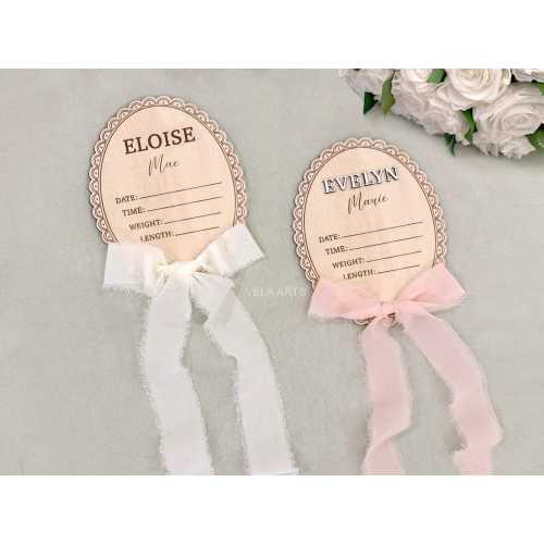 Wooden Lace Newborn Baby Birth Statistic with Ribbon Bow, Hospital Name Sign, Baby Shower Gift, Nursery Decor, Hospital Birth Announcement