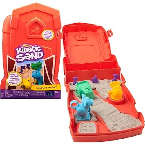 Kinetic Sand, Sandy Farm Set with 12oz Play Sand, 6 Tools & Molds, Reusable Barn Storage Case, Toddler Toys, Kids Toys for Girls & Boys Ages 3 and up
