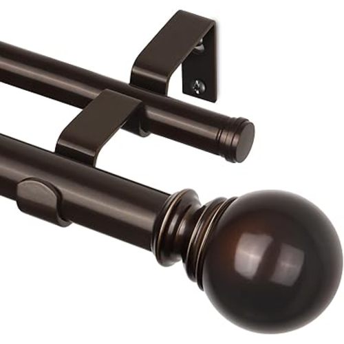 KAMANINA 1 Inch Curtain Rod 72 to 144 Inches(6-12 Feet), Telescoping Double Bronze Curtain Rod for Windows 66 to 120 Inches, Long Curtain Rods with Round Finials