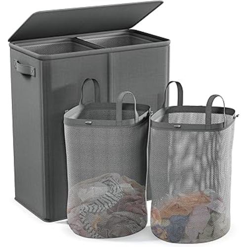 Raybee Laundry Basket with Lid,154L Clothes Hamper for Laundry Hamper 2 Section,Laundry Basket with Lid Collapsible Laundry Hamper with 2 Removable Washing Bags, Clothes Hamper (Grey, 154L)