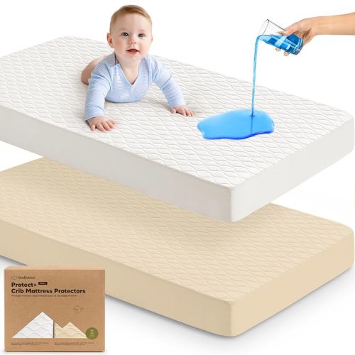 Waterproof Crib Mattress Protector Cover Fitted - 2-Pack Quiet Baby Mattress Topper Crib Sheets, 52" x 28" Soft Quilted Cotton Baby Sheet, Easy Fit, Durable Toddler Liner (Khaki)