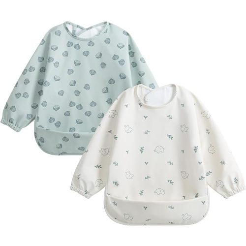 Little Dimsum Smock Bib,Long Sleeve Toddler Feeding Bib, Elastic Cuffs for Comfort, Large Catch-All Pocket, Waterproof Recycled Polyester - Durable Baby Smock Bib for Mealtime-Pack of 2 Colors - 3D-Elephant&Chestnut
