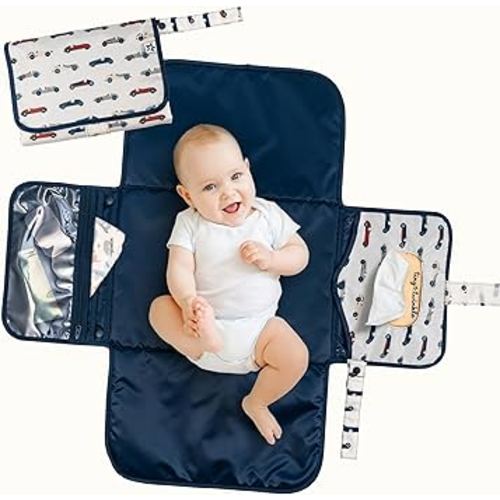 Tiny Twinkle Portable Diaper Changing Pad – Foldable, Waterproof & Compact Travel Changing Mat with Storage | Smart Wipes Pocket for On-The-Go Parents | Gift for Newborn Baby Girl & Boy(Vintage Cars)