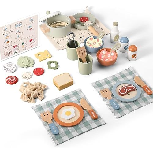 Pithfor Wooden Play Cooking Set, Pretend Play Kitchen Accessories Toys Set for Kids Toddlers, Including Play Dishes, Pot and Pan, Utensils, Gifts for 3 4 5 Years Old Girls Boys