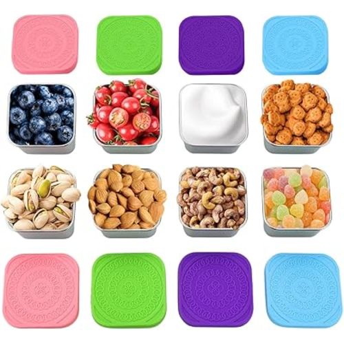 Snack Containers, [8 Pack-6 oz] Stainless Steel Snack Containers, Easy Open Square Dressing Container with Leak Proof Silicone Lids, Stackable Metal Lunch Box Great for Lunch to Go