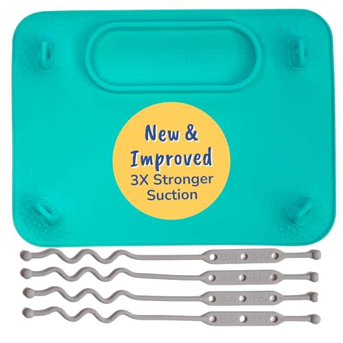 BUSY BABY Silicone Mat - New and Improved Suction Cups, 4 Straps to Secure Baby Essentials, Self Feeding, Baby Led Weaning, Travel Sleeve Included (Spearmint)