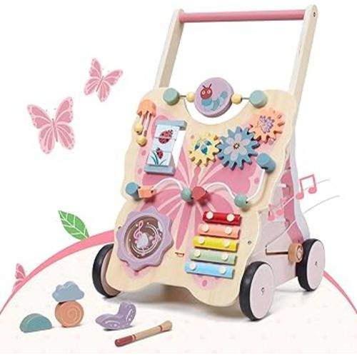Giant bean Wooden Baby Walker for Girls, Pink Butterfly Push and Pull Learning Activity Walker, Baby Push Walker with Wheels Montessori Toys Develops Motor Skills & Stimulates Creativity