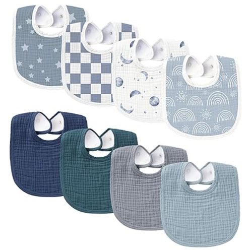 Konssy Muslin Baby Bibs 8 Pack Baby Bandana Drool Bibs Cotton for Unisex Boys and Girls, Soft Absorbent Set for Teething and Drooling
