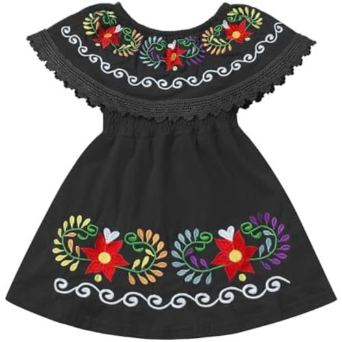 IKADEX Kids Baby Girls Mexican Dress Off Shoulder Floral Embroidered Party Cinco de Mayo Dresses