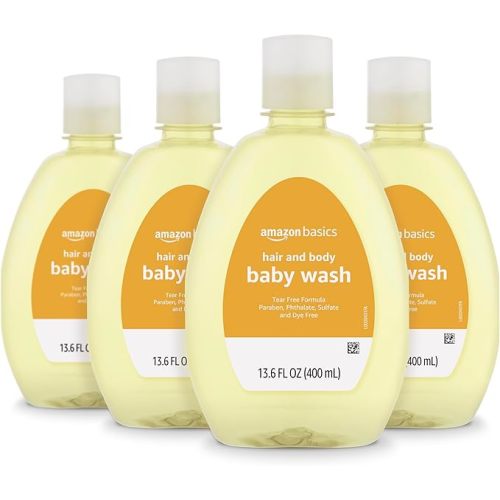 Amazon Basics Tear-Free Baby Hair and Body Wash, Paraben-Free, Sulfate-Free, Dermatologist Tested, Lightly Scented, 13.60 Fl Oz, 4-Pack