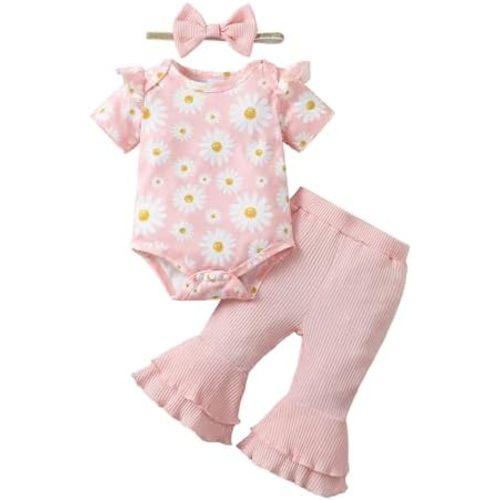 SUNNY PIGGY Baby Girl Clothes Ruffle Short Sleeve Romper Long Pants Set with Headband Newborn Infant Outfits