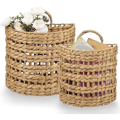 Set of 2 Wicker Hanging Basket for Organizing, Front Door, Mail, Flowers - Woven Wall Baskets for Storage