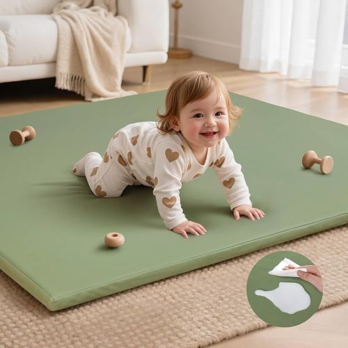 Baby Play Mat for Floor,Waterproof 50 x 50 Playpen Mat,Non-Slip Leather&Thick Foam Rug,Removable Cover,Easy Care Crawling Mat for Kids,Yoga Mat(Sage Green)