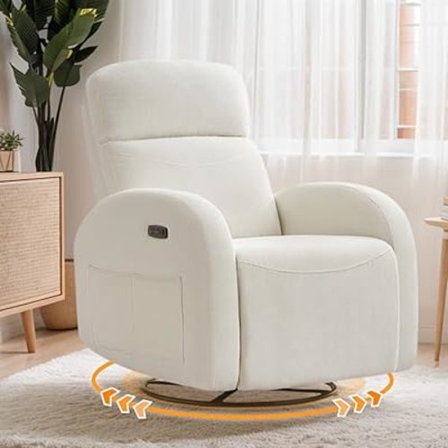Swivel Rocker Recliner, Power Recliner Rocking Nursery Chair with USB & Type-C Port, Chenille Glider Nursery Recliner Chair for Adult with 2 Pockets for Living Room,Cream White
