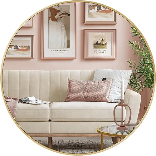 Round Mirror, Gold Bathroom Circle Mirror for Wall, 24 Inches, Metal Frame, Easy to Install, for Entryway, Living Room, Bedroom, Hallway, Ink Metallic Gold ULWM102A01
