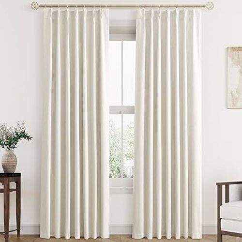 Natural Pinch Pleated Linen Blackout Curtains 84 Inch Length 2 Panels for Bedroom Living Room Darkening Drapes Thermal Insulated Cream Boho Style Back Tab Pinch Pleat Lined Window Curtain 84 Inches