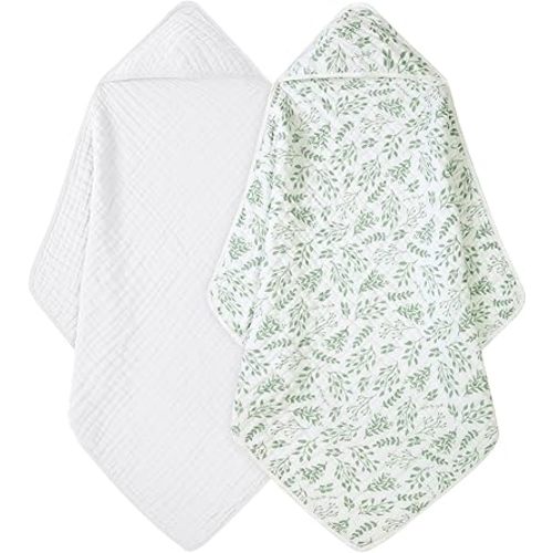 Baby Bath Towels, 100% Muslin Cotton Hooded Baby Towels for Newborn, Baby Towels with Hood for Infant Toddler and Kids, Large 32x32Inch, Soft and Absorbent