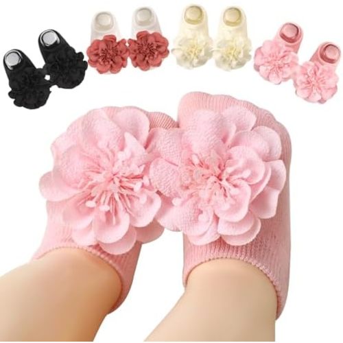 Baby Girl Socks with Non-Slip Grips, 4 Pairs Cute Soft Cotton Breathable Flower Infant Ankle Socks for Newborn