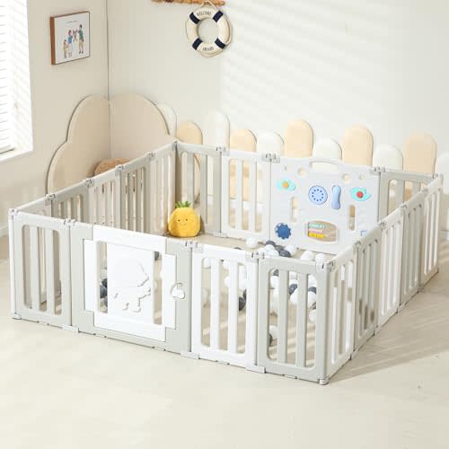 Bestgame Baby Play Pen, Foldable Play Pens for Babies and Toddlers, 18 Panels Extra Large Portable Astronauts Baby Gate Playpen Yard - Grey