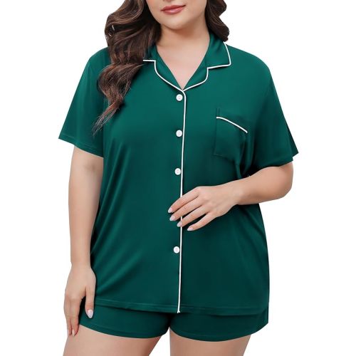 SWOMOG Women's Plus Size Pajamas Set Button Down Tops Short Sleeve Sleepwear Soft Pajama Shorts 2 Pcs Lounge Sets With Pocket