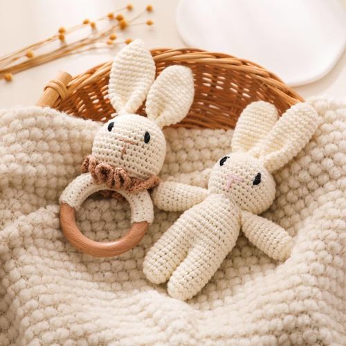 Chriswell Wooden Baby Rattle, Crochet Bunny Rattle and Crochet Bunny Doll Set, Newborn Wooden Animal Rattle Toy, Baby Wooden Rattle Toy 2PCS