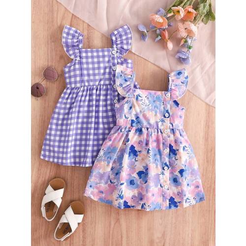 2pcs Baby Girl Plaid & Floral Printed Cap Sleeve Buttoned Dress, Summer & Holiday | SHEIN USA