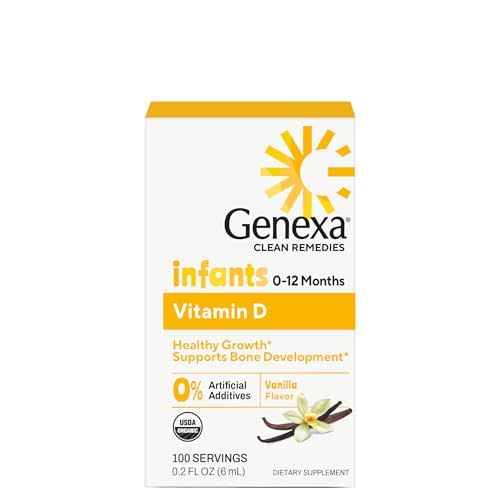 Genexa Infants Vitamin D Liquid Drops for Newborn, Baby & Toddler | Supports Growth & Bone Development | Delicious Organic Vanilla Flavor | Certified Organic, Gluten Free, & Non-GMO | 90 Servings