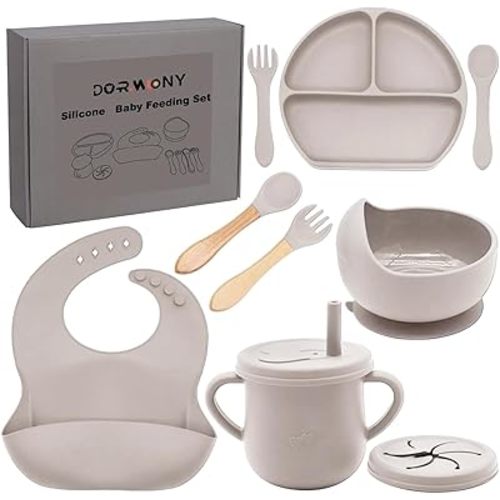 100% Silicone Baby Feeding Set,BPA Free Baby Dishes Set with Suction Bowl Divided Plate,Toddler Self Feeding Dish Set with Spoons Forks Sippy Cup and Bib, Baby Eating Utensils (Lilac)