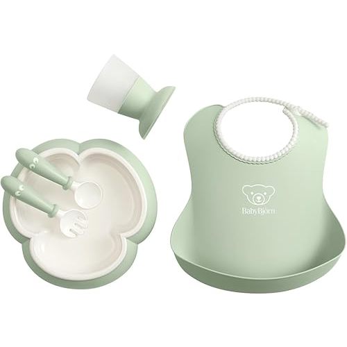 BabyBjörn Baby Dinner Set, 5 pcs, Powder green Includes Baby Plate, Baby Fork, Baby Spoon, and Baby Cup Dishwasher Safe Toddler feeding set for self-feeding or baby-led weaning