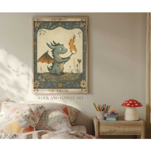 Whimsical Dragon Wall Art Printable – Baby Dragon Roasting Marshmallow Folk Art – Cottagecore Nursery, Fantasy Reading Nook Digital Download
